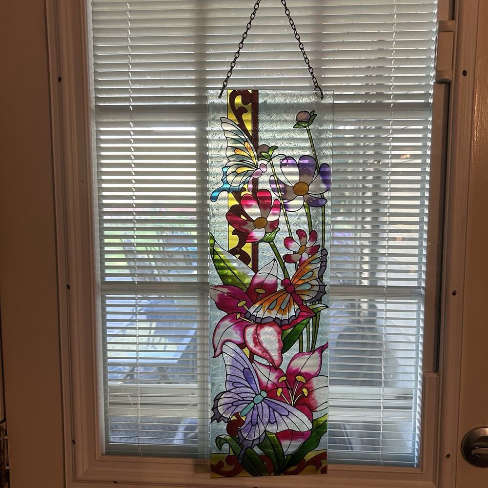Vtg Hanging Sun Catcher Butterflies & Lily Decoupage Stained Glass 22.5 x 7"